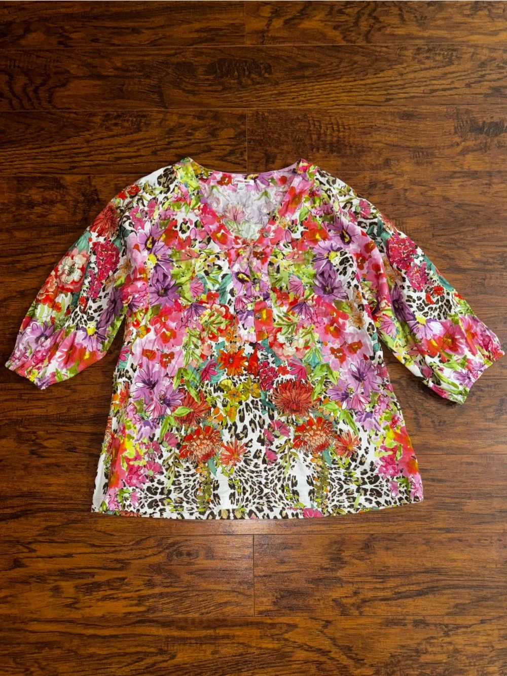 Johnny Was Two-Piece Set Puff Sleeve Top + Shorts 100% Cotton Wild Garden Floral